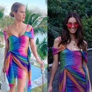 Mia Vesper Rainbow B Off the Shoulder Plisse Mini Dress XL